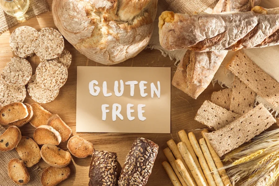 bread and other wheat products with a gluten free sign