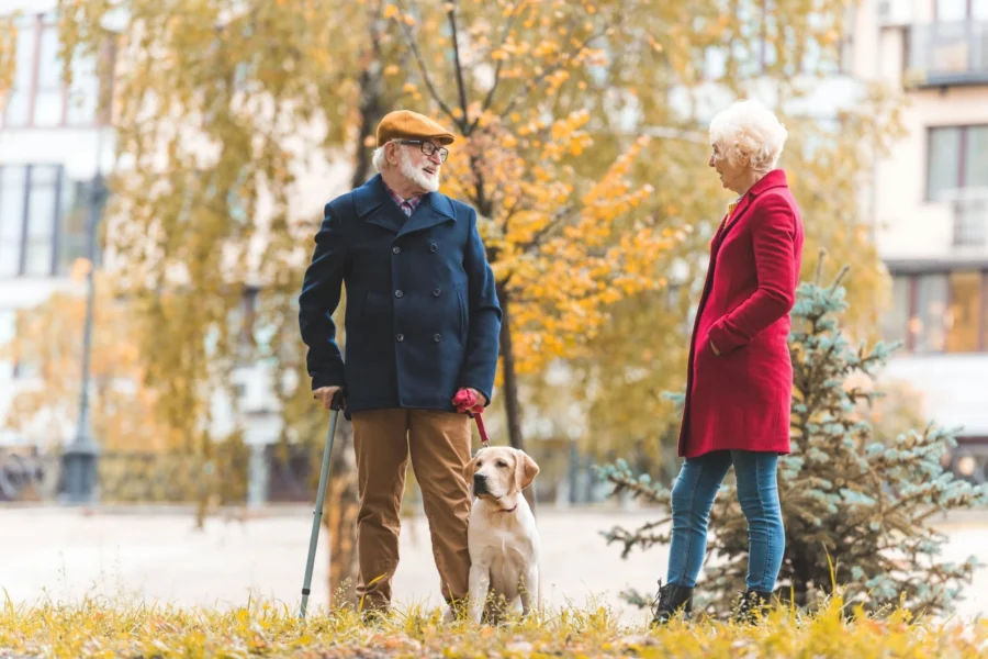 Older couple with a dog chatting outdoors in a park during autumn.